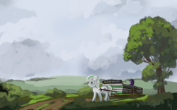 Size: 1920x1200 | Tagged: safe, artist:alexandrvirus, twilight sparkle, oc, earth pony, pony, unicorn, g4, cart, female, horn, mare, outdoors, public transportation, road, scenery, traditional art, tree