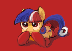 Size: 1661x1185 | Tagged: safe, artist:alexandrvirus, oc, oc only, earth pony, pony, clothes, lying down, mascot, mts, prone, red background, simple background, socks, solo