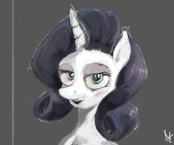 Size: 2603x2165 | Tagged: safe, artist:alexandrvirus, rarity, pony, unicorn, g4, bust, female, gray background, high res, horn, looking at you, mare, open mouth, portrait, simple background, smiling, solo