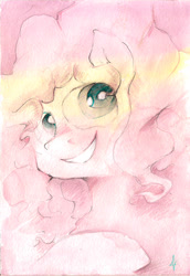 Size: 1019x1482 | Tagged: safe, artist:alexandrvirus, pinkie pie, earth pony, pony, g4, bust, female, grin, mare, portrait, smiling, solo, traditional art, watercolor painting