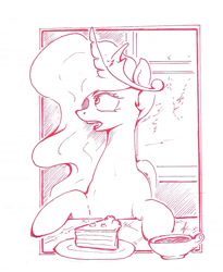 Size: 1124x1372 | Tagged: safe, artist:alexandrvirus, princess celestia, alicorn, pony, g4, bust, cake, cup, female, food, looking sideways, mare, monochrome, open mouth, sitting, solo, table, teacup, window