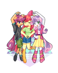 Size: 1200x1500 | Tagged: safe, artist:luo0991974, apple bloom, scootaloo, sweetie belle, human, equestria girls, g4, :d, ;d, abstract background, boots, clothes, cutie mark crusaders, denim, denim shorts, eared humanization, eyes closed, female, full body, heart arms, heart arms trio, heart hands, humanized, jacket, looking at you, one eye closed, open mouth, open smile, patterned background, raised leg, shirt, shoes, short sleeves, shorts, simple background, skirt, smiling, tail, tailed humanization, text, trio, trio female, white background