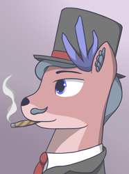 Size: 756x1017 | Tagged: safe, artist:cofido, oc, oc only, oc:markus aurinkokavio, deer, equestria at war mod, antlers, cigar, clothes, deer oc, ear fluff, facial hair, hat, moustache, necktie, non-pony oc, side view, smoke, solo, top hat