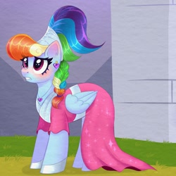 Size: 2000x2000 | Tagged: safe, artist:pozya1007, rainbow dash, pegasus, g4, my little pony: friendship is magic, sparkle's seven, alternate hairstyle, blushing, clothes, dress, jewelry, megaradash, outdoors, solo