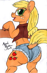 Size: 773x1200 | Tagged: safe, artist:sepiakeys, applejack, earth pony, pony, semi-anthro, g4, applebutt, back, bipedal, bipedal leaning, butt, clothes, daisy dukes, dock, ear fluff, fence, freckles, horseshoes, leaning, midriff, open mouth, plot, shorts, solo, tail, unshorn fetlocks, vest