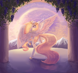 Size: 4240x3951 | Tagged: safe, artist:anastas, princess celestia, alicorn, g4, alternate design, colored hooves, column, detailed background, ethereal mane, ethereal tail, flowing mane, flowing tail, food, gold hooves, grapes, hooves, mountain, prancing, reflection, solo, spread wings, sternocleidomastoid, sunset, tail, thorn, vine, wings