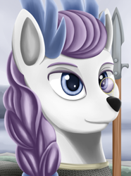 Size: 400x538 | Tagged: safe, oc, oc only, oc:ygritte bylgjasdôttir, deer, equestria at war mod, antlers, armor, bust, chainmail, deer oc, female, monocle, non-pony oc, portrait, solo, spear, weapon