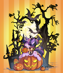 Size: 1872x2174 | Tagged: safe, artist:alus, artist:aluslikefafa, twilight sparkle, bat, earth pony, pony, unicorn, g4, bow, cape, castle, clothes, dead tree, female, gravestone, halloween, haunted house, holiday, horn, jack-o-lantern, mare, moon, outdoors, ponytail, pumpkin, pumpkin bucket, shadow, solo, tree, unicorn twilight