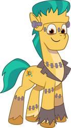 Size: 2253x4016 | Tagged: safe, hitch trailblazer, earth pony, pony, g5, my little pony: tell your tale, official, pump-kin the night, spoiler:g5, spoiler:my little pony: tell your tale, spoiler:tyts02e37, .ai available, .svg available, clothes, costume, frankenstein, frankenstein's monster, male, nightmare night, nightmare night costume, simple background, smiling, solo, stallion, svg, transparent background, unshorn fetlocks, vector