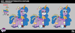 Size: 2966x1311 | Tagged: safe, lil critter workshop, izzy moonbow, señor butterscotch, pony, unicorn, g5, my little pony: tell your tale, official, pump-kin the night, spoiler:g5, spoiler:my little pony: tell your tale, spoiler:tyts02e37, .psd available, behind the scenes, clothes, concept art, costume, female, horn, mare, my little pony logo, nightmare night, nightmare night costume, smiling, solo, unshorn fetlocks