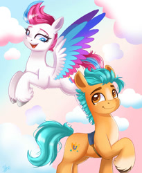 Size: 1638x2000 | Tagged: safe, artist:galaxy swirl, hitch trailblazer, zipp storm, earth pony, pegasus, pony, g5, duo, duo male and female, female, flying, male, mare, outdoors, ship:stormblazer, shipping, sky, spread wings, stallion, straight, wings