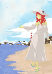 Size: 3156x4470 | Tagged: safe, artist:ponny, sunset shimmer, bird, human, equestria girls, g4, beach, breasts, busty sunset shimmer, clothes, cloud, colored, detached sleeves, dress, eyes closed, female, grin, hat, lighthouse, outdoors, sandals, shading, smiling, solo, sundress, walking