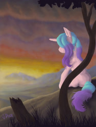 Size: 1500x2000 | Tagged: safe, artist:adeardeer, izzy moonbow, pony, unicorn, g5, female, horn, mare, outdoors, sitting, solo, sunset, tree