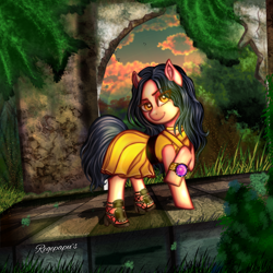 Size: 2348x2348 | Tagged: safe, artist:regepapu, oc, oc only, oc:ashley, earth pony, pony, accessory, black hair, bush, cloud, high heels, nature, original art, photo, ruins, shoes, smiling, solo, sunset, wide eyes