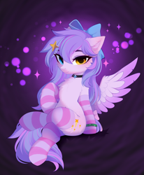 Size: 3552x4315 | Tagged: safe, artist:empress-twilight, oc, oc only, oc:aster twinkling, pegasus, pony, abstract background, belly, belly button, blue bow, bow, bracelet, butt fluff, cheek fluff, chest fluff, choker, clothes, colored wings, colored wingtips, commission, crossed legs, ear fluff, eye clipping through hair, eyebrows, eyebrows visible through hair, eyelashes, female, female oc, gradient background, hair accessory, hair bow, hairclip, heterochromia, high res, horn, jewelry, lidded eyes, long mane, long tail, looking at you, mane accessory, mare oc, one wing out, pegasus oc, pink coat, pink socks, ponies sitting like humans, purple, purple mane, purple tail, purple wingtips, shoulder fluff, sitting, smiling, smiling at you, socks, solo, sparkles, striped mane, striped socks, striped tail, tail, tail bow, thick eyelashes, thigh highs, thin, three quarter view, three toned mane, three toned tail, two toned wings, unicorn oc, wings, ych result