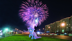 Size: 1489x838 | Tagged: safe, artist:jeatz-axl, artist:slavaboobrony, trixie, human, pony, unicorn, g4, my little pony: friendship is magic, brooch, cape, car, city, clothes, commieblocks, confident, female, fireworks, grass, hat, horn, irl, jewelry, mare, night, novy urengoy, outdoors, photo, plattenbau, ponies in real life, raised hoof, russia, siberia, smug, street, streetlight, trixie being trixie, trixie's brooch, trixie's cape, trixie's hat, yamalo nenets autonomous okrug