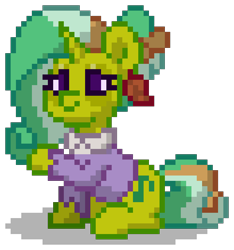 Size: 704x752 | Tagged: safe, oc, oc only, oc:greennote, pony, unicorn, pony town, g4, alternate hairstyle, clothes, digital art, ear piercing, female, green coat, green hair, green mane, green tail, horn, mare, piercing, pixel art, purple eyes, raised hoof, shirt, simple background, sitting, solo, tail, transparent background, unicorn oc