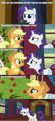 Size: 353x769 | Tagged: safe, edit, edited screencap, screencap, applejack, bloomberg, rarity, earth pony, pony, unicorn, g4, my little pony: friendship is magic, over a barrel, season 1, apple, apple tree, applejack's hat, cowboy hat, duo focus, ei, female, food, hat, horn, mare, pun, text, train, tree, trio