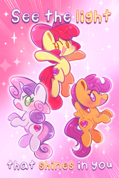 Size: 1200x1800 | Tagged: safe, artist:typhwosion, apple bloom, scootaloo, sweetie belle, earth pony, pegasus, pony, unicorn, crusaders of the lost mark, g4, my little pony: friendship is magic, season 5, cutie mark crusaders, horn, light of your cutie mark, positive ponies, text