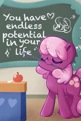 Size: 1200x1800 | Tagged: safe, artist:typhwosion, cheerilee, earth pony, pony, g4, apple, chalkboard, eyes closed, female, food, indoors, mare, mouth hold, palindrome get, positive ponies, school, solo, text