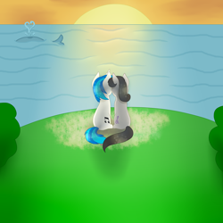 Size: 2000x2000 | Tagged: safe, artist:kathepart, dj pon-3, octavia melody, vinyl scratch, whale, g4, duo, duo female, female, lesbian, love, ocean, outdoors, rear view, ship:scratchtavia, shipping, signature, sunset, water