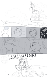 Size: 743x1225 | Tagged: safe, artist:tenchisamoshi, princess celestia, princess luna, alicorn, g4, comic, eclipse, female, jewelry, monochrome, moon, regalia, space, stars, sun