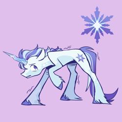 Size: 1404x1404 | Tagged: safe, artist:glowfangs, oc, oc only, oc:permafrost, crystal pony, crystal unicorn, pony, unicorn, colored hooves, concave belly, crystal horn, dark belly, gradient mane, gradient tail, hooves, horn, ice horn, lavender background, male, offspring, parent:princess cadance, parent:shining armor, parents:shiningcadance, pink background, purple eyes, raised hoof, shivering, simple background, skinny, solo, stallion, tail, teenager, thin, unshorn fetlocks