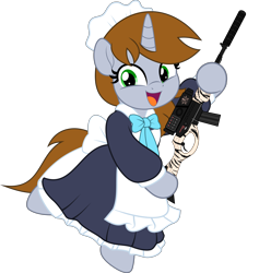 Size: 6936x6990 | Tagged: safe, artist:jhayarr23, oc, oc only, oc:littlepip, pony, unicorn, fallout equestria, bipedal, clothes, commission, commissioner:solar aura, cute, female, gun, horn, maid, mare, open mouth, open smile, rifle, simple background, smiling, solo, transparent background, unicorn oc, weapon, zebra rifle