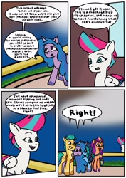 Size: 1131x1600 | Tagged: safe, artist:delilah1_riley, hitch trailblazer, izzy moonbow, misty brightdawn, sunny starscout, zipp storm, earth pony, pegasus, pony, unicorn, comic:pipp the poltergeist, fanfic:pipp the poltergeist, g5, my little pony: tell your tale, comic, commission, dialogue, fanfic art, female, horn, implied pipp petals, male, mane stripe sunny, mare, maretime bay, outdoors, stallion