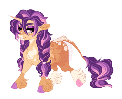 Size: 4800x3900 | Tagged: safe, artist:gigason, oc, oc only, oc:blackberry cookie, classical unicorn, pony, unicorn, g4, adoptable, adult blank flank, blank flank, blaze (coat marking), braid, braided pigtails, braided tail, chest marking, cloven hooves, coat markings, colored, colored eyebrows, colored hooves, colored pinnae, dappled, eye clipping through hair, eye markings, eyebrows, eyebrows visible through hair, eyelashes, eyeshadow, facial markings, female, fetlock tuft, flat colors, floppy ears, hair tie, high res, hooves, horn, leonine tail, lidded eyes, long mane, long tail, looking back, looking down, makeup, mane tie, mare, mismatched hooves, multicolored hooves, obtrusive watermark, offspring, parent:oc, parent:oc:love letter, parent:sugar belle, parents:canon x oc, pigtails, pink eyes, purple eyeshadow, purple mane, purple tail, raised leg, simple background, smiling, snip (coat marking), socks (coat markings), solo, splotches, spots, standing, standing on three hooves, striped horn, striped mane, striped tail, tail, tail fluff, thick eyebrows, thick eyelashes, three quarter view, three toned mane, three toned tail, transparent background, two toned coat, unicorn horn, unicorn oc, unshorn fetlocks, watermark, yellow coat