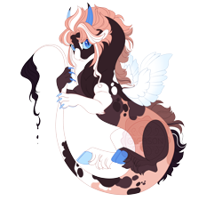 Size: 5200x4700 | Tagged: safe, artist:gigason, oc, oc only, oc:inkblot, draconequus, hybrid, g4, absurd resolution, adoptable, blue eyes, blue hooves, blue sclera, brown coat, brown fur, brown hair, brown mane, brown tail, cloven hooves, coat markings, colored, colored claws, colored eyebrows, colored hooves, colored horns, colored legs, colored paw pads, colored pinnae, colored sclera, colored wings, curved horns, draconequus oc, dragon tail, eye clipping through hair, eye markings, eyebrows, eyebrows visible through hair, facial markings, fetlock tuft, flat colors, floppy ears, flying, frown, hooves, hybrid oc, interspecies offspring, leg fluff, long tail, looking at you, magical gay spawn, male, male oc, mismatched hooves, mismatched horns, mismatched mane and tail, multicolored hooves, nervous, obtrusive watermark, offspring, parent:discord, parent:oc, parent:oc:love letter, parents:canon x oc, paw pads, paws, prehensile tail, shy, simple background, slit pupils, small wings, snip (coat marking), solo, splotches, spread wings, tail, tail hold, three quarter view, transparent background, two toned hair, two toned mane, watermark, white wings, wings