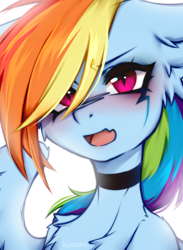 Size: 1992x2724 | Tagged: safe, artist:kutoshi, rainbow dash, g4, angry, beautiful, blushing, bust, cheek fluff, choker, cute, dashabetes, ear fluff, female, looking at you, madorable, simple background, slit pupils, solo, sternocleidomastoid, white background