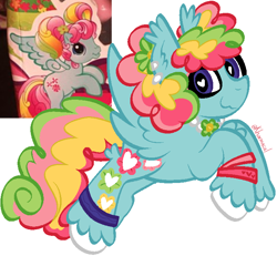 Size: 702x648 | Tagged: safe, artist:kharmacal, pegasus, pony, :3, bootleg, bracelet, cascading cutie mark, chest fluff, ear fluff, ear piercing, eyeshadow, flying, hairclip, heart, heart eyes, jewelry, leg fluff, makeup, multicolored mane, multicolored tail, necklace, piercing, pigtails, purple eyes, redesign, redraw, sidemouth, simple background, solo, spread wings, tail, teal coat, toy interpretation, unshorn fetlocks, white background, white hooves, wingding eyes, wings