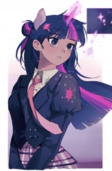 Size: 1304x1982 | Tagged: safe, artist:memoji_0708, twilight sparkle, human, g4, blazer, blushing, clothes, cute, dark skin, eared humanization, female, glowing, glowing horn, hairclip, horn, horned humanization, humanized, necktie, shirt, skirt, solo, twiabetes