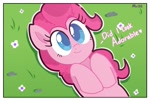 Size: 1311x883 | Tagged: safe, artist:mar0x8, pinkie pie, earth pony, pony, g4, blue eyes, cute, dialogue, diapinkes, female, flower, grass, grass field, hooves, hooves to the chest, looking at you, looking up, looking up at you, lying down, lying on the ground, on ground, outdoors, passepartout, pink coat, pink mane, pinkiebetes, smiling, smiling at you, solo, text