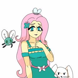 Size: 4096x4096 | Tagged: safe, artist:thanatoschanvt, fluttershy, butterfly, human, insect, parasprite, rabbit, equestria girls, g4, animal, belt, butterfly hairpin, clenched fist, clothes, cyan eyes, dress, female, hand on chest, looking at you, pink hair, simple background, smiling, smiling at you, solo, white background, yellow skin