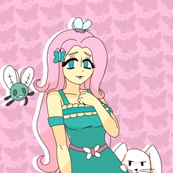 Size: 4096x4096 | Tagged: safe, artist:thanatoschanvt, fluttershy, butterfly, human, insect, parasprite, rabbit, equestria girls, g4, animal, belt, butterfly hairpin, clenched fist, clothes, cyan eyes, dress, female, hand on chest, looking at you, outline, patterned background, pink hair, smiling, smiling at you, solo, white outline, yellow skin