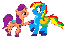 Size: 1537x907 | Tagged: safe, artist:shieldwingarmorofgod, sunny starscout, oc, oc:shield wing, alicorn, g4, g5, clothes, cross, duo, duo male and female, female, g5 to g4, generation leap, male, male alicorn, male alicorn oc, mane stripe sunny, simple background, swimsuit, transparent background, vector