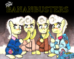 Size: 1000x800 | Tagged: safe, artist:mod wit, oc, oc only, oc:banana pie, oc:bananas wit, alternate hairstyle, askbananaswit, banana, bunch of bananas wits, clothes, egon spengler, eyebrows, fruit, ghost trap, ghostbusters, group, hairstyle, hoof hold, logo, logo parody, parody, peter venkman, proton pack, quartet, raised eyebrow, ray stantz, sitting, smiling, the real ghostbusters, traditional art, uniform, weapon, winston zeddemore