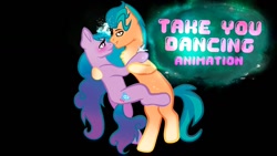 Size: 1280x720 | Tagged: safe, artist:bellas.den, hitch trailblazer, izzy moonbow, earth pony, pony, unicorn, g5, black background, blushing, dancing, duo, duo male and female, female, horn, male, mare, nose to nose, ship:moontrail, shipping, simple background, stallion, straight, youtube thumbnail