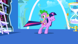 Size: 1920x1080 | Tagged: safe, screencap, spike, twilight sparkle, dragon, pony, unicorn, friendship is magic, g4, my little pony: friendship is magic, season 1, baby, baby dragon, bookshelf, canterlot, dragons riding ponies, duo, duo male and female, feather, female, horn, hourglass, indoors, ladder, letter, male, paper, parchment, quill, riding, riding a pony, spike riding twilight, twilight's canterlot home, unicorn twilight, window, wingless spike