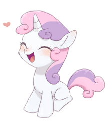 Size: 405x454 | Tagged: safe, artist:nora1211, sweetie belle, pony, unicorn, g4, 2014, cute, diasweetes, eyes closed, female, filly, foal, full body, happy, heart, horn, old art, open mouth, open smile, simple background, sitting, smiling, solo, tail, two toned mane, two toned tail, white background