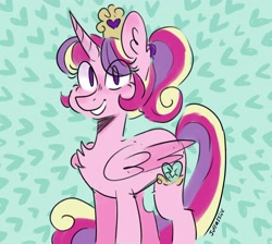 Size: 3300x2952 | Tagged: safe, artist:jurrassiicc, princess cadance, alicorn, pony, g4, abstract background, chest fluff, eye clipping through hair, female, floating heart, heart, jewelry, mare, regalia, solo