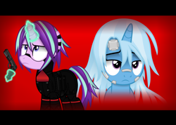 Size: 6941x4946 | Tagged: safe, artist:anime-equestria, starlight glimmer, trixie, unicorn, g4, alternate hairstyle, band-aid, band-aid on nose, crossover, duo, duo female, female, gun, handgun, horn, implied lesbian, implied shipping, implied startrix, levitation, magic, signalis, telekinesis, weapon