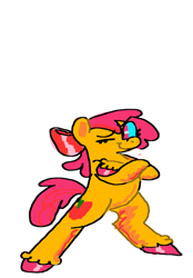 Size: 1640x2360 | Tagged: safe, artist:teddie-bear420, apple bloom, pony, g4, apple bloom's bow, bipedal, bow, crossed hooves, eye clipping through hair, eyebrows, eyebrows visible through hair, female, hair bow, mare, one eye closed, simple background, solo, unshorn fetlocks, white background, wink