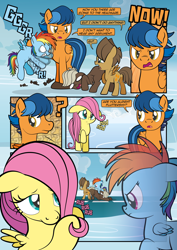 Size: 2482x3509 | Tagged: safe, artist:alexdti, artist:v-nico, dumbbell, fluttershy, hoops, rainbow dash, oc, pegasus, pony, comic:how we met, g4, blank flank, colt, colt dumbbell, colt hoops, comic, crying, dialogue, female, filly, filly fluttershy, filly rainbow dash, foal, folded wings, male, open mouth, raised hoof, speech bubble, spread wings, stallion, talking, wings, younger