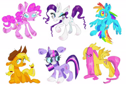 Size: 3000x2048 | Tagged: safe, artist:scribble_chick, applejack, fluttershy, pinkie pie, rainbow dash, rarity, twilight sparkle, earth pony, pegasus, pony, unicorn, g4, applejack's hat, cowboy hat, female, glasses, hat, mane six, mare, simple background, teary eyes, unicorn twilight, unshorn fetlocks, white background