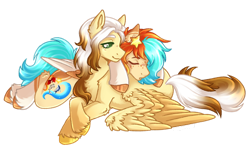 Size: 1280x783 | Tagged: safe, artist:kazmuun, oc, oc only, oc:caprisun fishes, oc:lemon meringue, pegasus, pony, blue tail, blush lines, blushing, chest fluff, coat markings, colored eartips, colored eyebrows, colored eyelashes, colored hooves, colored lineart, colored pupils, commission, cream coat, crossed hooves, cuddling, cute, duo, ear markings, eyes closed, feathered wings, female, female oc, fetlock tuft, fluffy, freckles, gold hooves, gradient mane, gradient tail, green eyes, green pupils, hock fluff, hooves, leg markings, leg stripes, lesbian, lidded eyes, looking at someone, lying down, mare, mare oc, mismatched mane and tail, oc x oc, open mouth, orange hooves, pegasus oc, pegsaus oc, profile, prone, shiny hooves, shiny mane, shiny tail, shipping, shoulder fluff, signature, simple background, sleeping, smiling, smiling at someone, socks (coat markings), stripes, tail, transparent background, turned head, two toned mane, two toned tail, unshorn fetlocks, wing fluff, wings, wings down, yellow coat, yellow hooves