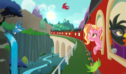 Size: 1998x1181 | Tagged: safe, artist:pelinstwinkle, luster dawn, bird, griffon, pony, unicorn, g4, female, horn, mare, mountain, river, train, tree, vector used, water, waterfall