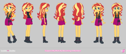 Size: 4900x2111 | Tagged: safe, artist:invisibleink, sunset shimmer, human, equestria girls, g4, boots, clothes, cutie mark on clothes, female, geode of empathy, gray background, hand on hip, magical geodes, reference sheet, shirt, shoes, simple background, skirt, turnaround, vest